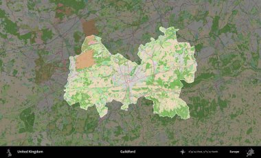 Guildford. Birleşik Krallık 'ın idari alanı koyu renk bir OpenStreetMap Fransız tarzı haritada altı çizilmiş ve özetlenmiştir