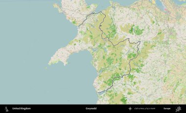 Gwynedd. Bir OpenStreetMap Fransız tarzı haritada Birleşik Krallık 'ın özetlenmiş idari alanı