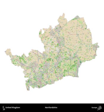 Hertfordshire 'da. Birleşik Krallık 'ın idari alanı bir OpenStreetMap Fransız tarzı haritada beyazda izole edildi