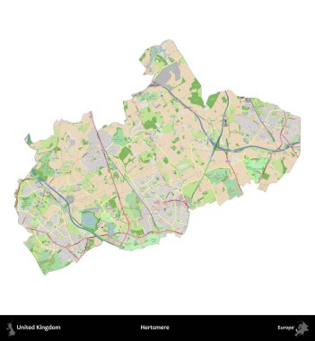Hertsmere. Birleşik Krallık 'ın idari alanı bir OpenStreetMap Fransız tarzı haritada beyazda izole edildi
