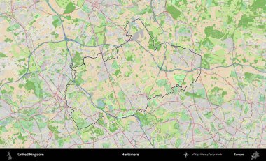 Hertsmere. Bir OpenStreetMap Fransız tarzı haritada Birleşik Krallık 'ın özetlenmiş idari alanı