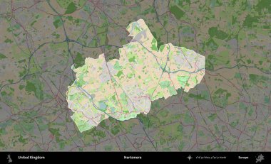 Hertsmere. Birleşik Krallık 'ın idari alanı koyu renk bir OpenStreetMap Fransız tarzı haritada altı çizilmiş ve özetlenmiştir