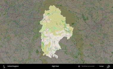 Yüksek Tepe. Birleşik Krallık 'ın idari alanı koyu renk bir OpenStreetMap Fransız tarzı haritada altı çizilmiş ve özetlenmiştir