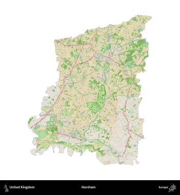Horsham. Birleşik Krallık 'ın idari alanı bir OpenStreetMap Fransız tarzı haritada beyazda izole edildi