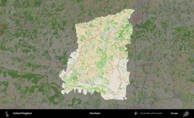 Horsham. Birleşik Krallık 'ın idari alanı koyu renk bir OpenStreetMap Fransız tarzı haritada altı çizilmiş ve özetlenmiştir
