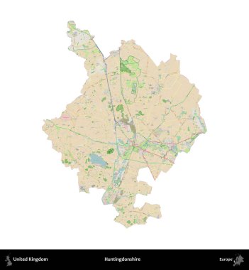 Huntingdonshire 'da. Birleşik Krallık 'ın idari alanı bir OpenStreetMap Fransız tarzı haritada beyazda izole edildi