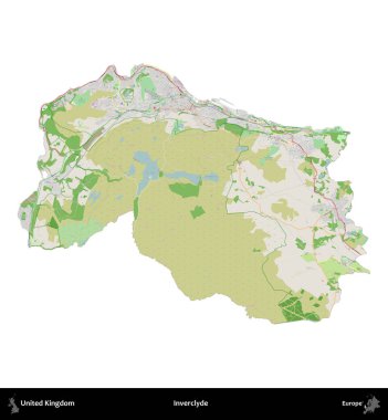 Inverclyde. Birleşik Krallık 'ın idari alanı bir OpenStreetMap Fransız tarzı haritada beyazda izole edildi