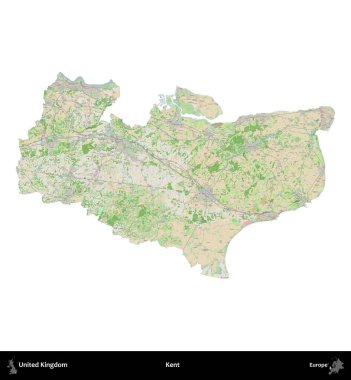 Kent. Birleşik Krallık 'ın idari alanı bir OpenStreetMap Fransız tarzı haritada beyazda izole edildi