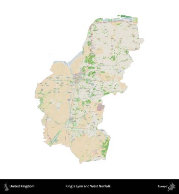 King 's Lynn ve West Norfolk. Birleşik Krallık 'ın idari alanı bir OpenStreetMap Fransız tarzı haritada beyazda izole edildi
