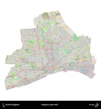 Kingston Hull 'da. Birleşik Krallık 'ın idari alanı bir OpenStreetMap Fransız tarzı haritada beyazda izole edildi