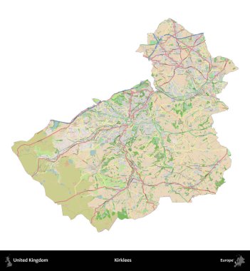 Kirklees. Birleşik Krallık 'ın idari alanı bir OpenStreetMap Fransız tarzı haritada beyazda izole edildi