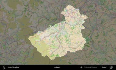 Kirklees. Birleşik Krallık 'ın idari alanı koyu renk bir OpenStreetMap Fransız tarzı haritada altı çizilmiş ve özetlenmiştir
