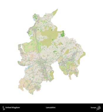 Lancashire. Birleşik Krallık 'ın idari alanı bir OpenStreetMap Fransız tarzı haritada beyazda izole edildi