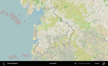 Lancashire. Bir OpenStreetMap Fransız tarzı haritada Birleşik Krallık 'ın özetlenmiş idari alanı