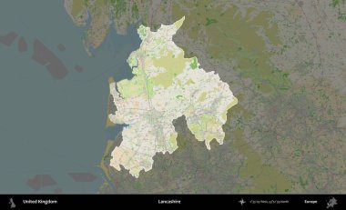 Lancashire. Birleşik Krallık 'ın idari alanı koyu renk bir OpenStreetMap Fransız tarzı haritada altı çizilmiş ve özetlenmiştir