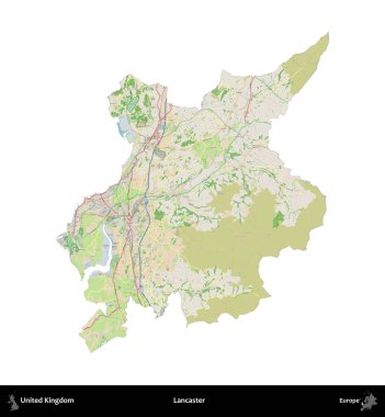 Lancaster. Birleşik Krallık 'ın idari alanı bir OpenStreetMap Fransız tarzı haritada beyazda izole edildi