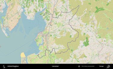Lancaster. Bir OpenStreetMap Fransız tarzı haritada Birleşik Krallık 'ın özetlenmiş idari alanı