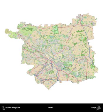 Leeds. Birleşik Krallık 'ın idari alanı bir OpenStreetMap Fransız tarzı haritada beyazda izole edildi