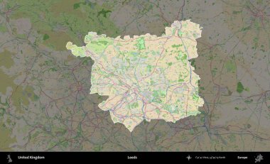 Leeds. Birleşik Krallık 'ın idari alanı koyu renk bir OpenStreetMap Fransız tarzı haritada altı çizilmiş ve özetlenmiştir