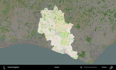Lewes. Birleşik Krallık 'ın idari alanı koyu renk bir OpenStreetMap Fransız tarzı haritada altı çizilmiş ve özetlenmiştir