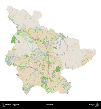 Lichfield 'da. Birleşik Krallık 'ın idari alanı bir OpenStreetMap Fransız tarzı haritada beyazda izole edildi