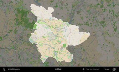 Lichfield 'da. Birleşik Krallık 'ın idari alanı koyu renk bir OpenStreetMap Fransız tarzı haritada altı çizilmiş ve özetlenmiştir