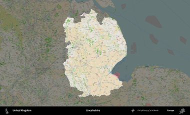 Hughnshire 'da. Birleşik Krallık 'ın idari alanı koyu renk bir OpenStreetMap Fransız tarzı haritada altı çizilmiş ve özetlenmiştir