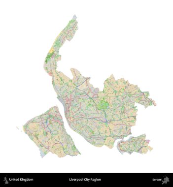 Liverpool Şehri Bölgesi. Birleşik Krallık 'ın idari alanı bir OpenStreetMap Fransız tarzı haritada beyazda izole edildi