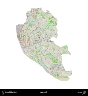 Liverpool 'da. Birleşik Krallık 'ın idari alanı bir OpenStreetMap Fransız tarzı haritada beyazda izole edildi