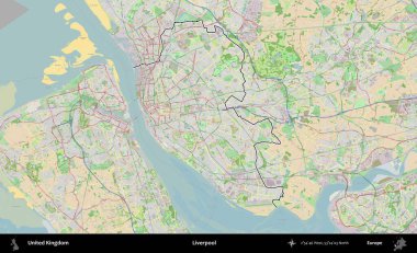 Liverpool 'da. Bir OpenStreetMap Fransız tarzı haritada Birleşik Krallık 'ın özetlenmiş idari alanı