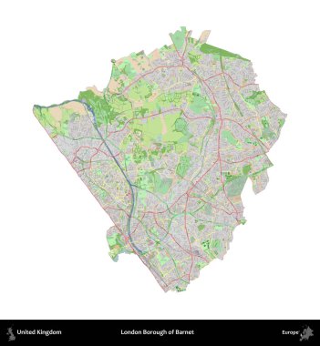 Londra Barnet İlçesi. Birleşik Krallık 'ın idari alanı bir OpenStreetMap Fransız tarzı haritada beyazda izole edildi
