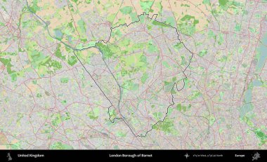 Londra Barnet İlçesi. Bir OpenStreetMap Fransız tarzı haritada Birleşik Krallık 'ın özetlenmiş idari alanı