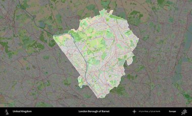Londra Barnet İlçesi. Birleşik Krallık 'ın idari alanı koyu renk bir OpenStreetMap Fransız tarzı haritada altı çizilmiş ve özetlenmiştir