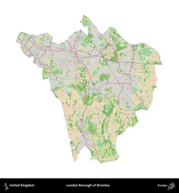 Bromley 'in Londra ilçesi. Birleşik Krallık 'ın idari alanı bir OpenStreetMap Fransız tarzı haritada beyazda izole edildi