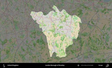 Bromley 'in Londra ilçesi. Birleşik Krallık 'ın idari alanı koyu renk bir OpenStreetMap Fransız tarzı haritada altı çizilmiş ve özetlenmiştir