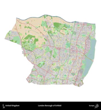 Londra Enfield İlçesi. Birleşik Krallık 'ın idari alanı bir OpenStreetMap Fransız tarzı haritada beyazda izole edildi