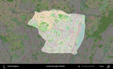 Londra Enfield İlçesi. Birleşik Krallık 'ın idari alanı koyu renk bir OpenStreetMap Fransız tarzı haritada altı çizilmiş ve özetlenmiştir