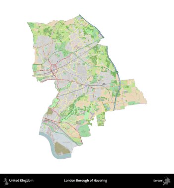 Londra Havering İlçesi. Birleşik Krallık 'ın idari alanı bir OpenStreetMap Fransız tarzı haritada beyazda izole edildi