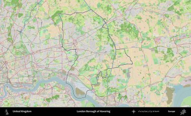 Londra Havering İlçesi. Bir OpenStreetMap Fransız tarzı haritada Birleşik Krallık 'ın özetlenmiş idari alanı