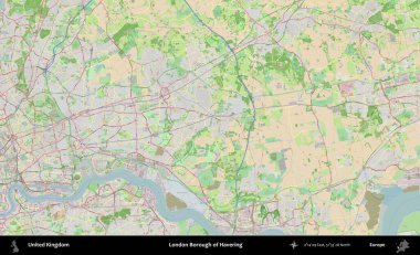 Londra Havering İlçesi. Bir OpenStreetMap Fransız stili haritasında Birleşik Krallık 'ın idari alanı
