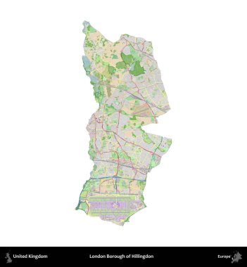 Londra Hillingdon İlçesi. Birleşik Krallık 'ın idari alanı bir OpenStreetMap Fransız tarzı haritada beyazda izole edildi