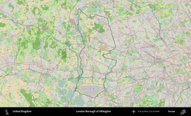 Londra Hillingdon İlçesi. Bir OpenStreetMap Fransız tarzı haritada Birleşik Krallık 'ın özetlenmiş idari alanı