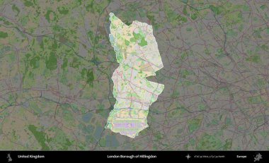 Londra Hillingdon İlçesi. Birleşik Krallık 'ın idari alanı koyu renk bir OpenStreetMap Fransız tarzı haritada altı çizilmiş ve özetlenmiştir