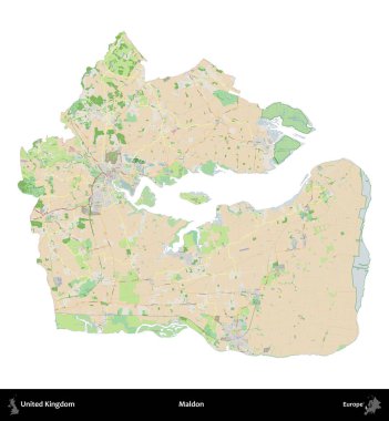 Maldon. Birleşik Krallık 'ın idari alanı bir OpenStreetMap Fransız tarzı haritada beyazda izole edildi