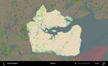 Maldon. Birleşik Krallık 'ın idari alanı koyu renk bir OpenStreetMap Fransız tarzı haritada altı çizilmiş ve özetlenmiştir