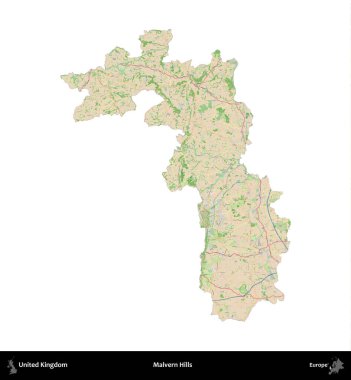Malvern Tepeleri. Birleşik Krallık 'ın idari alanı bir OpenStreetMap Fransız tarzı haritada beyazda izole edildi