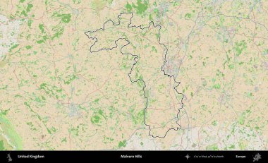 Malvern Tepeleri. Bir OpenStreetMap Fransız tarzı haritada Birleşik Krallık 'ın özetlenmiş idari alanı