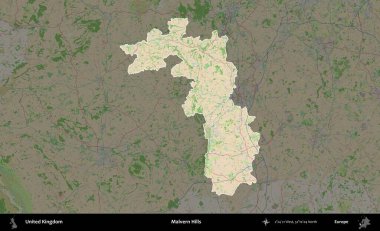 Malvern Tepeleri. Birleşik Krallık 'ın idari alanı koyu renk bir OpenStreetMap Fransız tarzı haritada altı çizilmiş ve özetlenmiştir