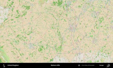 Malvern Tepeleri. Bir OpenStreetMap Fransız stili haritasında Birleşik Krallık 'ın idari alanı