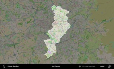 Manchester mı? Birleşik Krallık 'ın idari alanı koyu renk bir OpenStreetMap Fransız tarzı haritada altı çizilmiş ve özetlenmiştir